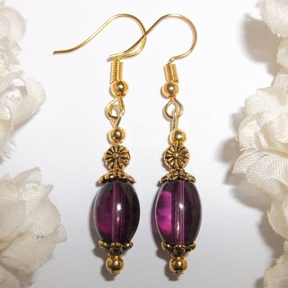 Small Earring Set Gold Flower & Purple Dangle Jewelry Pair Dangle Drop Girl 6419